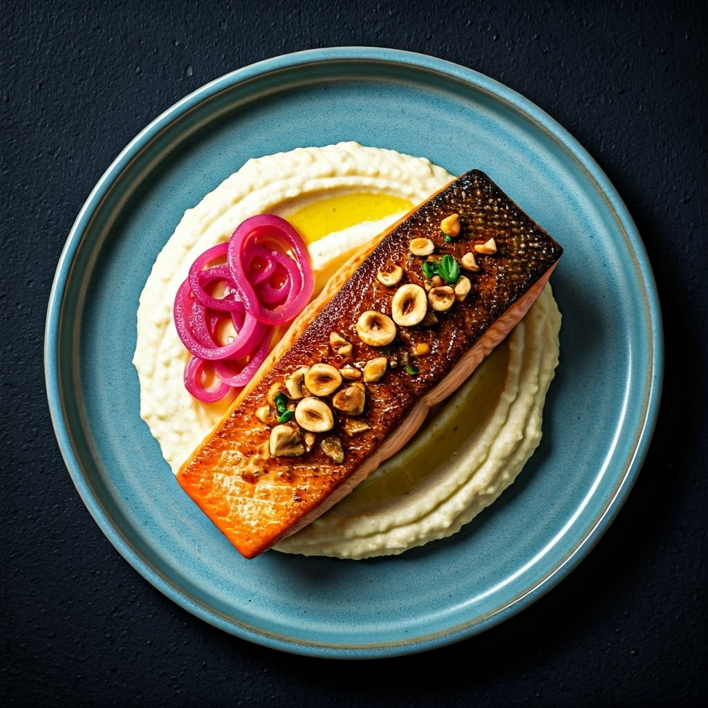 Pan-seared Salmon with Cauliflower Purée, Toasted Hazelnuts, and Pickled Red Onions
