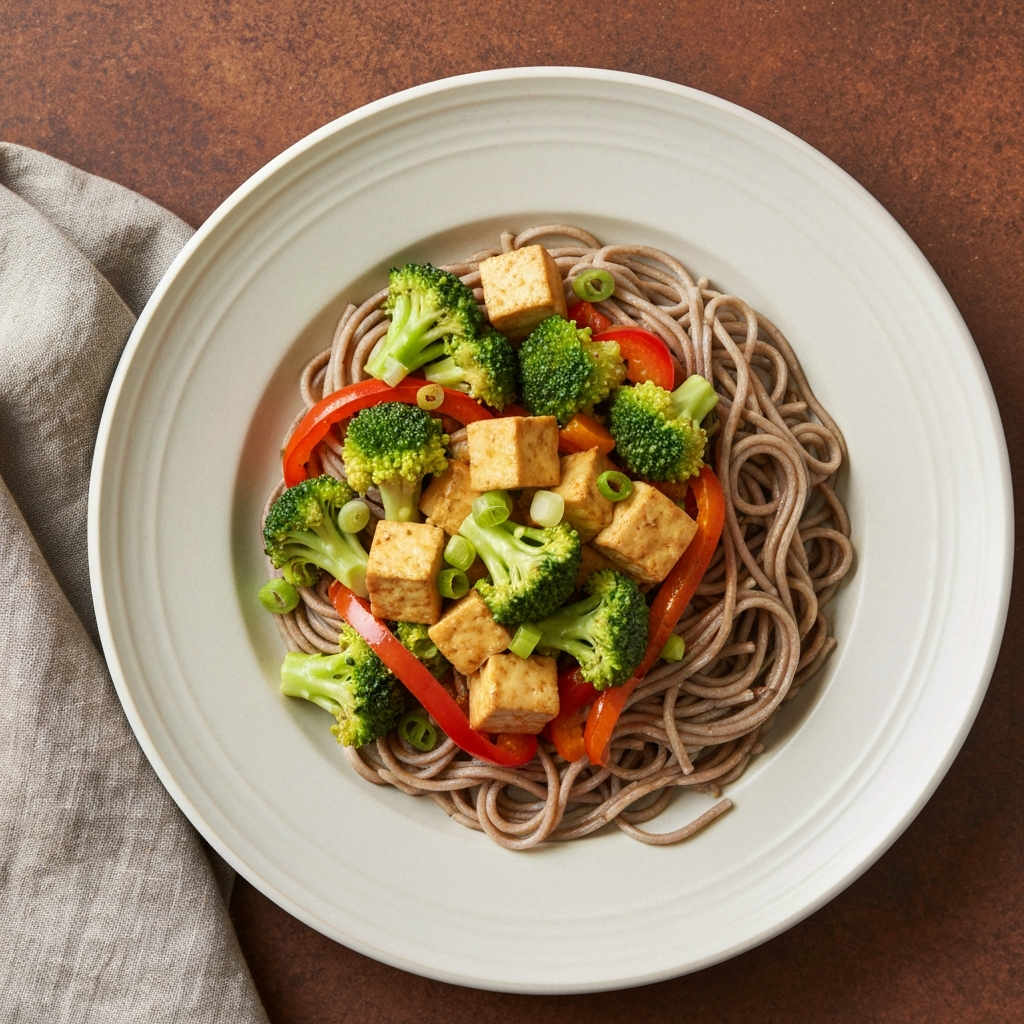 Ginger-garlic Tofu & Broccoli with Buckwheat Soba