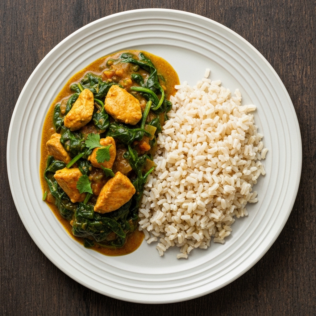 Diabetic-friendly Chicken and Spinach Curry with Brown Rice