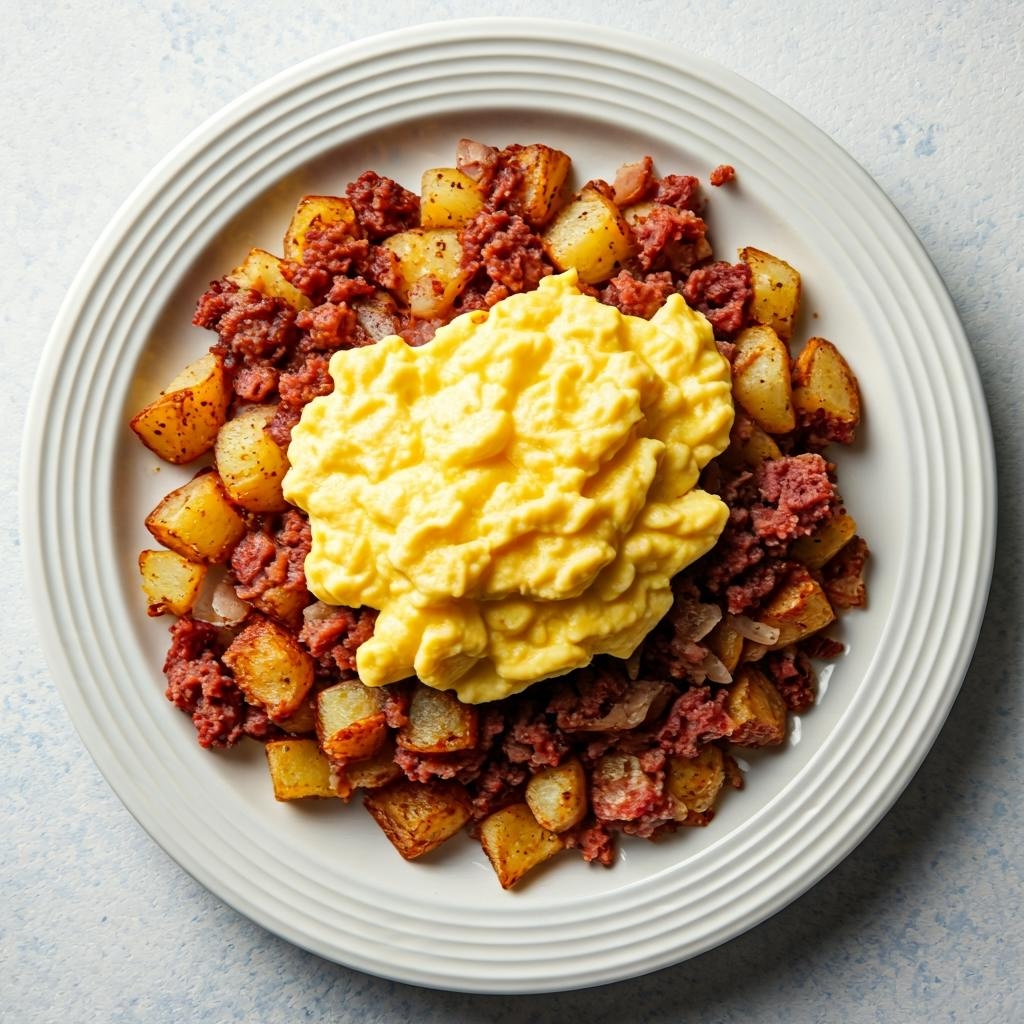 Crispy Corned Beef Hash with Scrambled Eggs