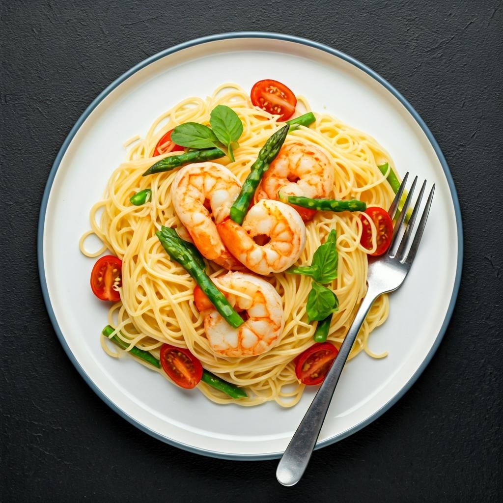 Angel Hair Pasta with Shrimp, Asparagus, and Grape Tomatoes