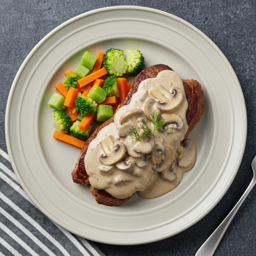 Lite Pan-seared Eye Fillet with Creamy Mushroom Sauce