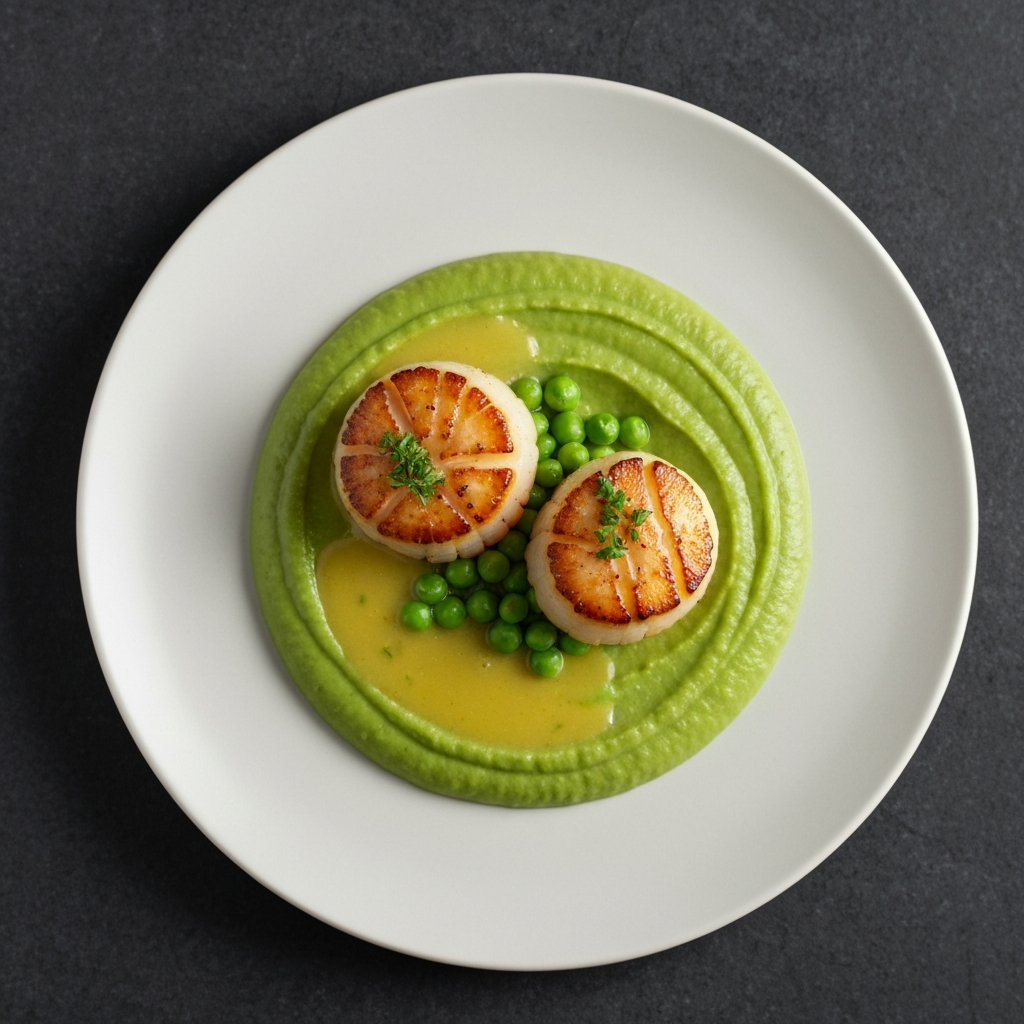 Seared Scallops with Lemon Caper Butter Over Truffle Pea Purée