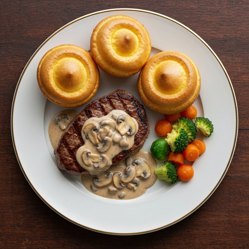 Pan-seared Eye Fillet with Mushroom Cream Sauce & Gluten-free Popovers