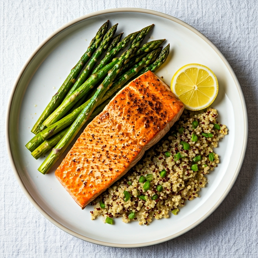 Pan-seared Salmon with Roasted Asparagus and Quinoa