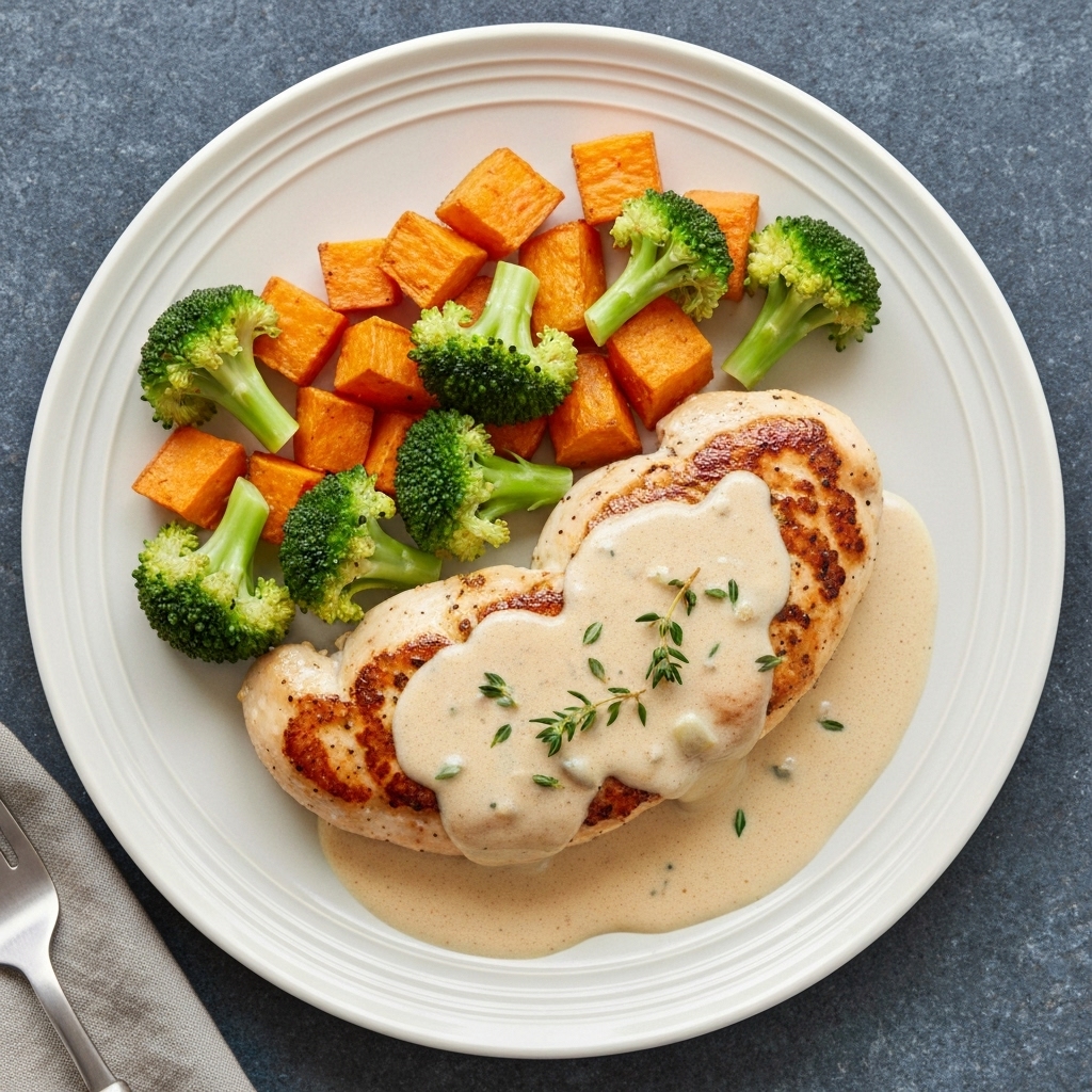 Creamy Garlic Thyme Chicken with Roasted Sweet Potato & Broccoli