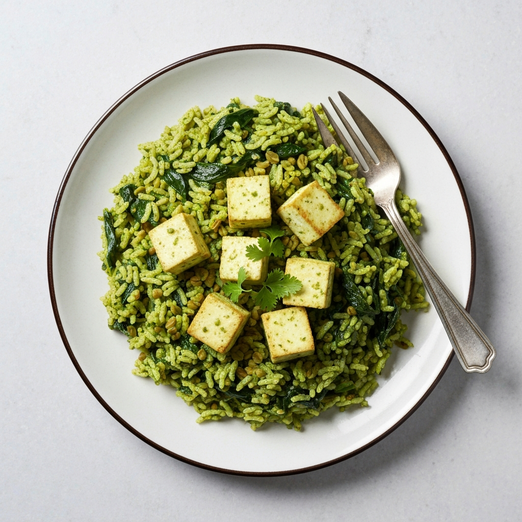 Emerald Methi Spinach Pulao with Pan-seared Tofu