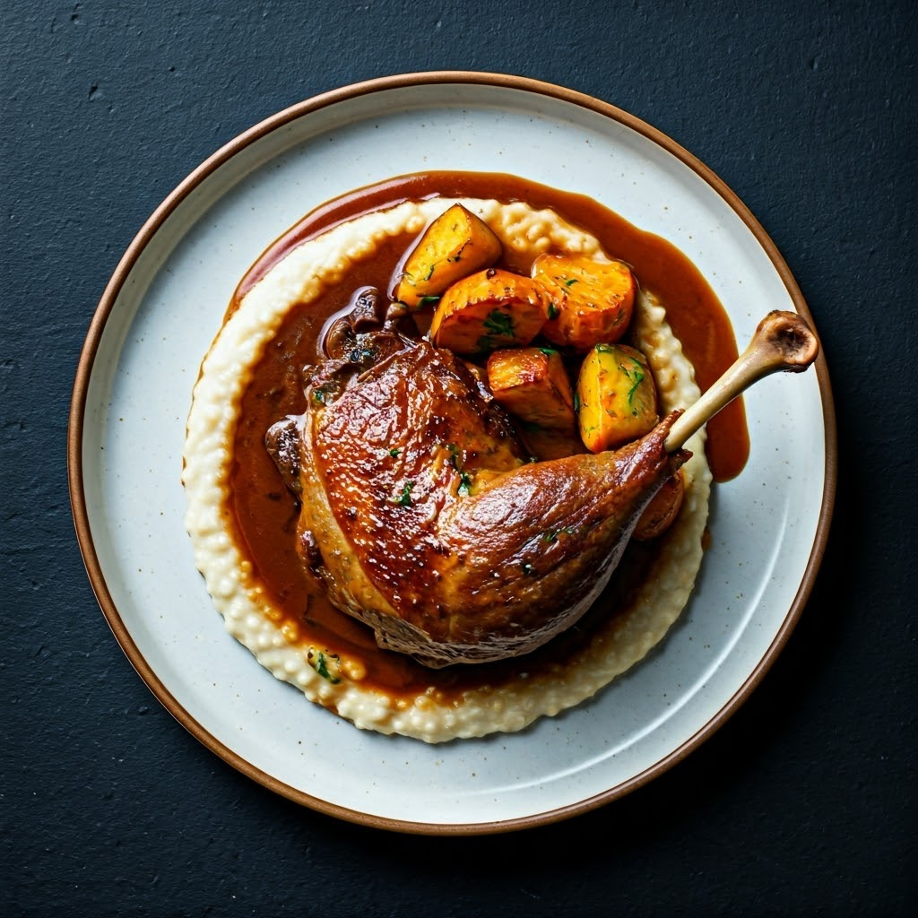 Braised Duck Leg with Rice and Roasted Vegetables