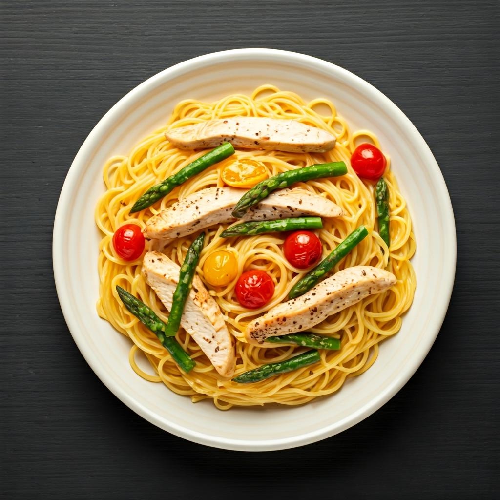 Angel Hair Pasta with Grilled Chicken, Asparagus, and Grape Tomatoes