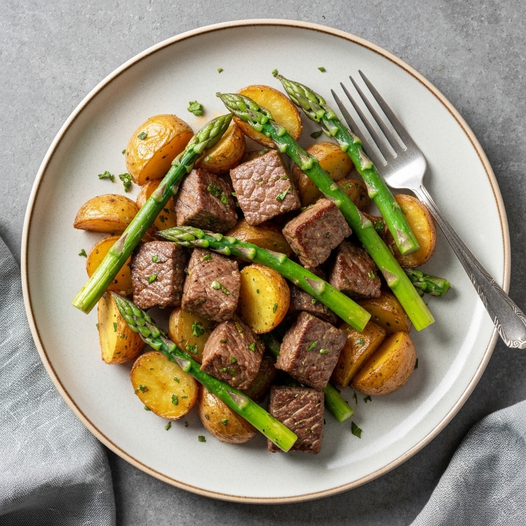 Garlic Butter Steak Bites with Crispy Potatoes & Asparagus