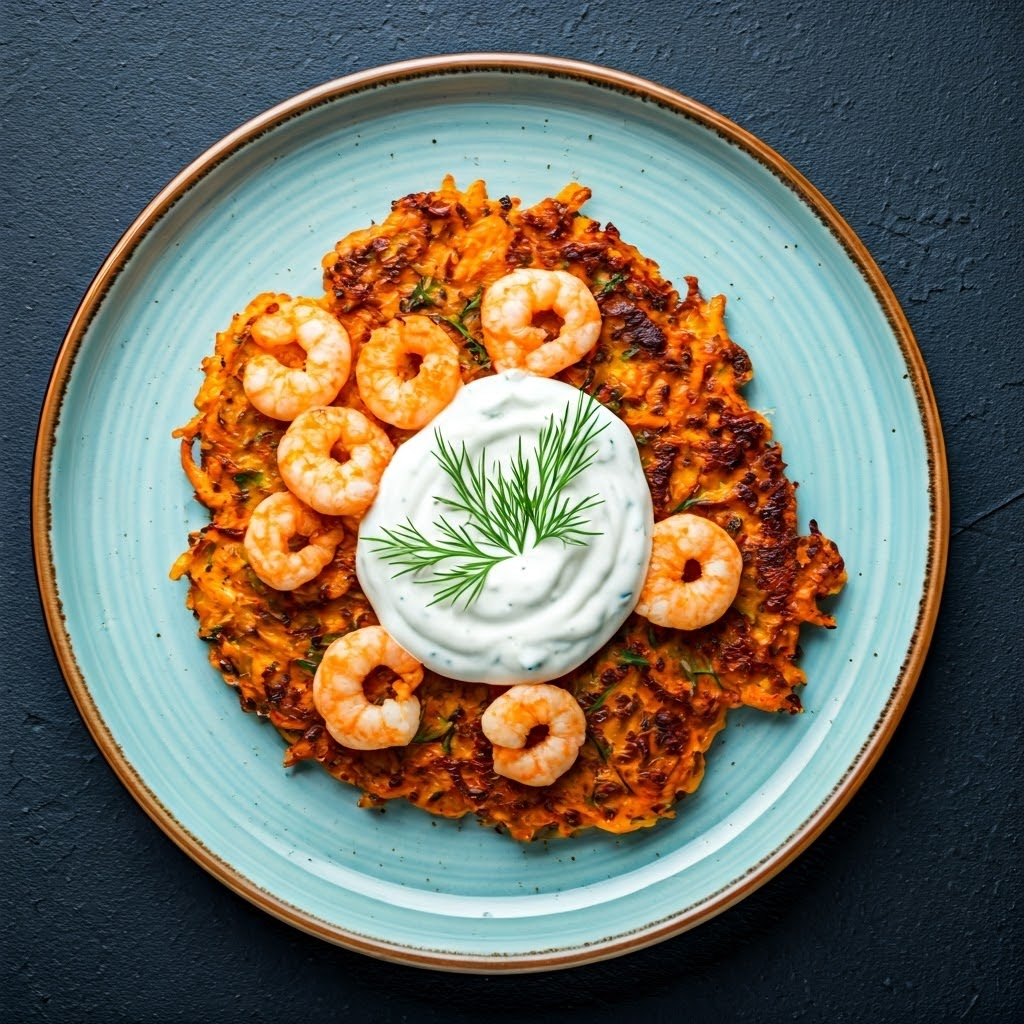 Apple Carrot Shrimp Fritters with Creamy Dill Sauce