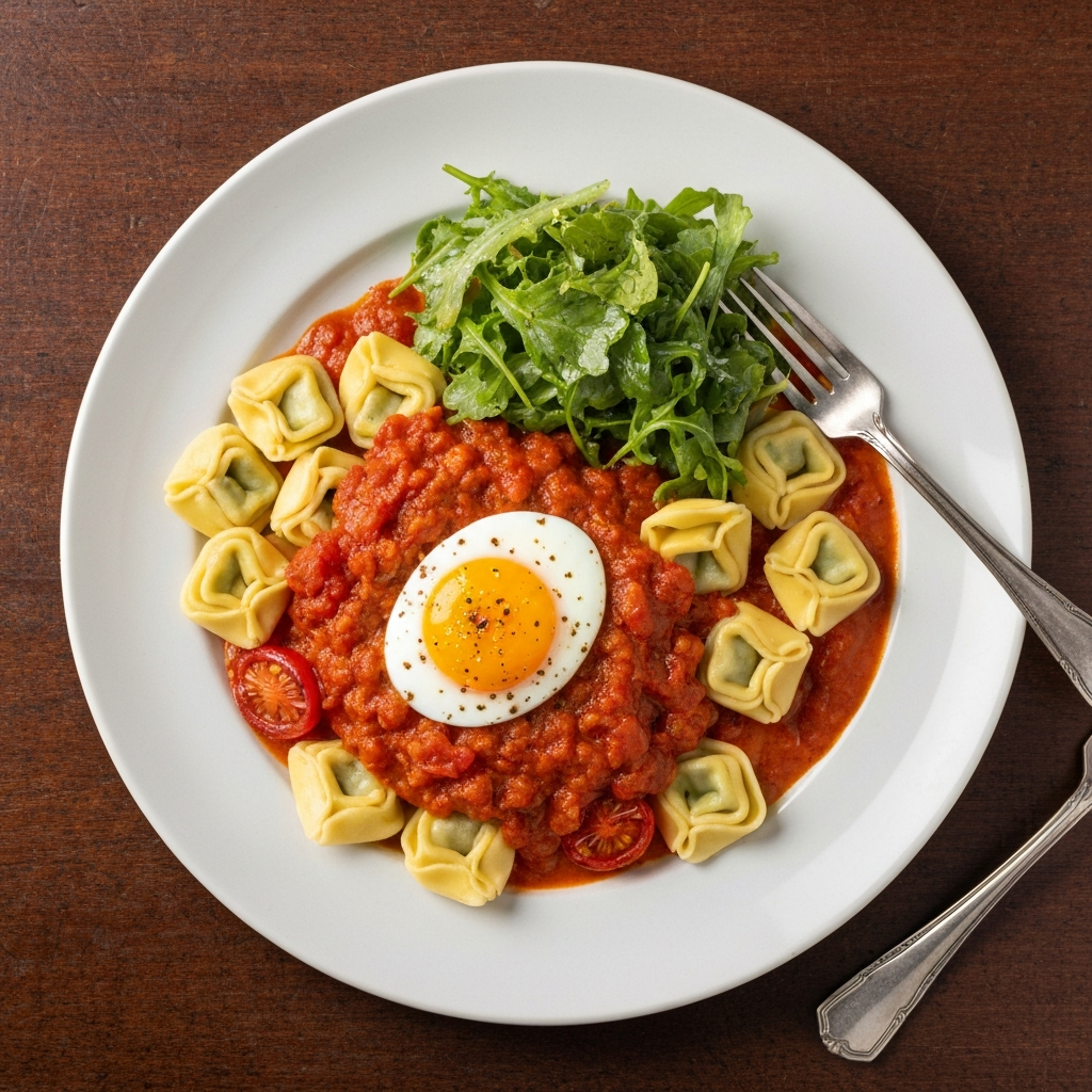 Pan-seared Tortellini with Creamy Tomato Sauce, Jammy Eggs, and Dressed Greens