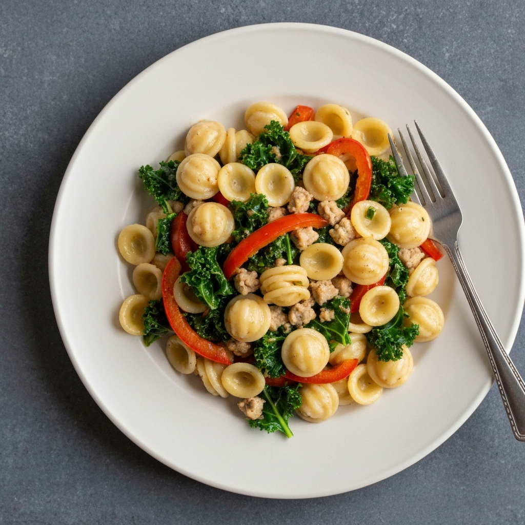 Orecchiette with Sausage, Baby Kale, and Bell Pepper