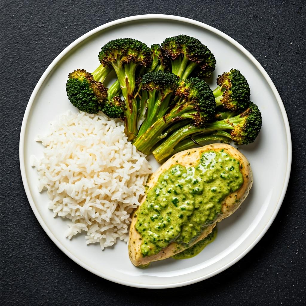 Creamy Pesto Chicken with Roasted Broccoli and Basmati Rice
