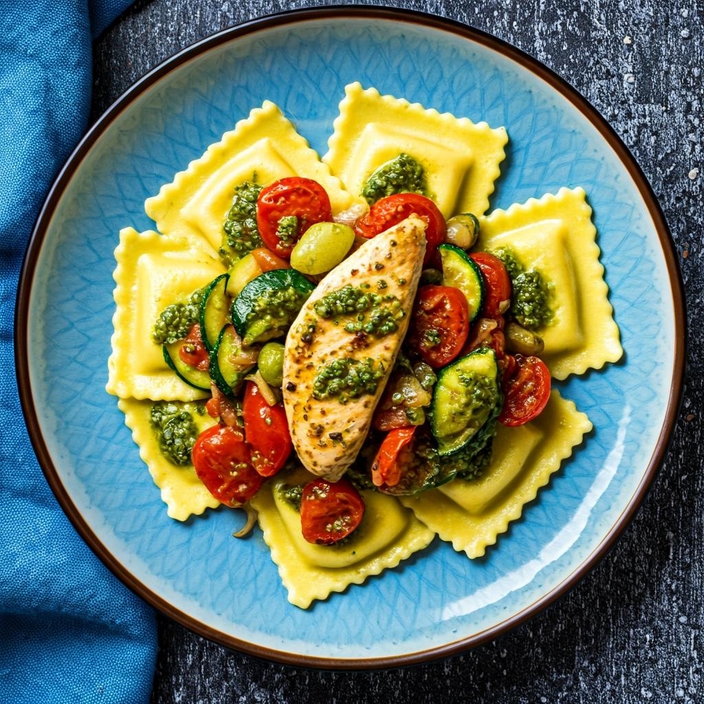 Lactose-free Ravioli & Chicken with Zucchini Pesto Sauté