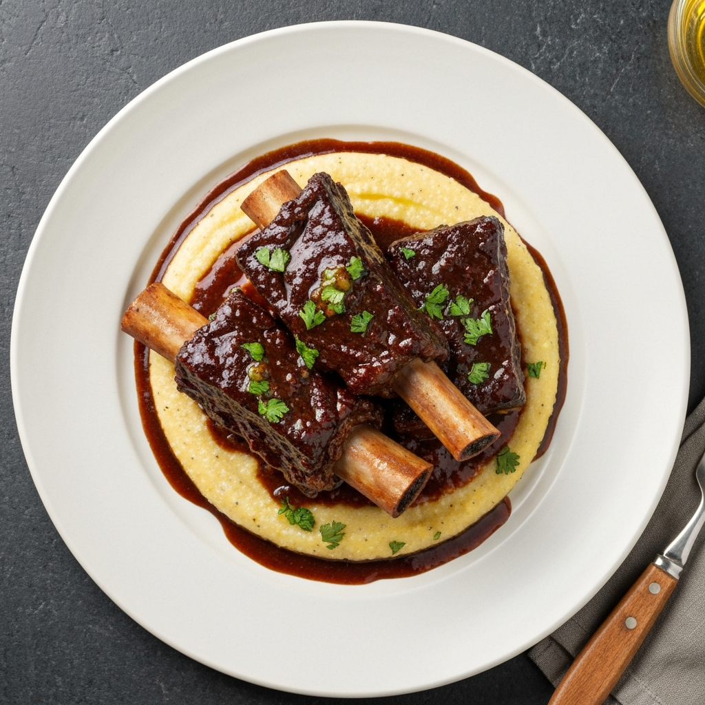 Red Wine Braised Short Ribs with Truffled Parmesan Polenta and Gremolata